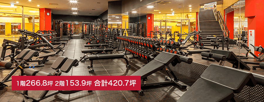 写真：JOYFIT24。1階266.8坪、2階153.9坪、合計420.7坪